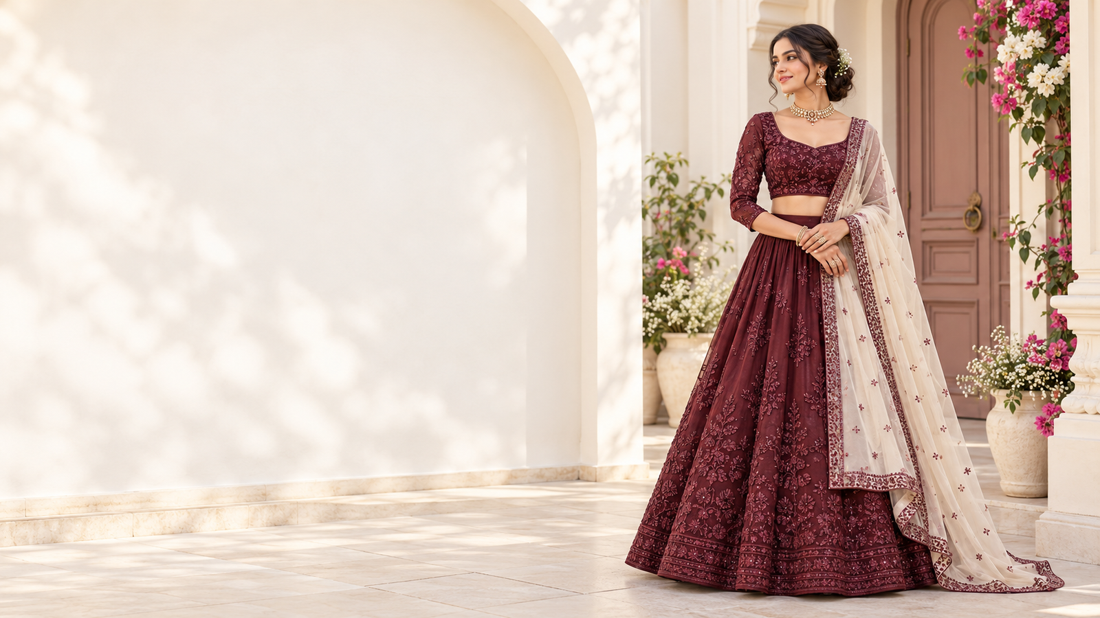 Merlot lehenga in a cream courtyard