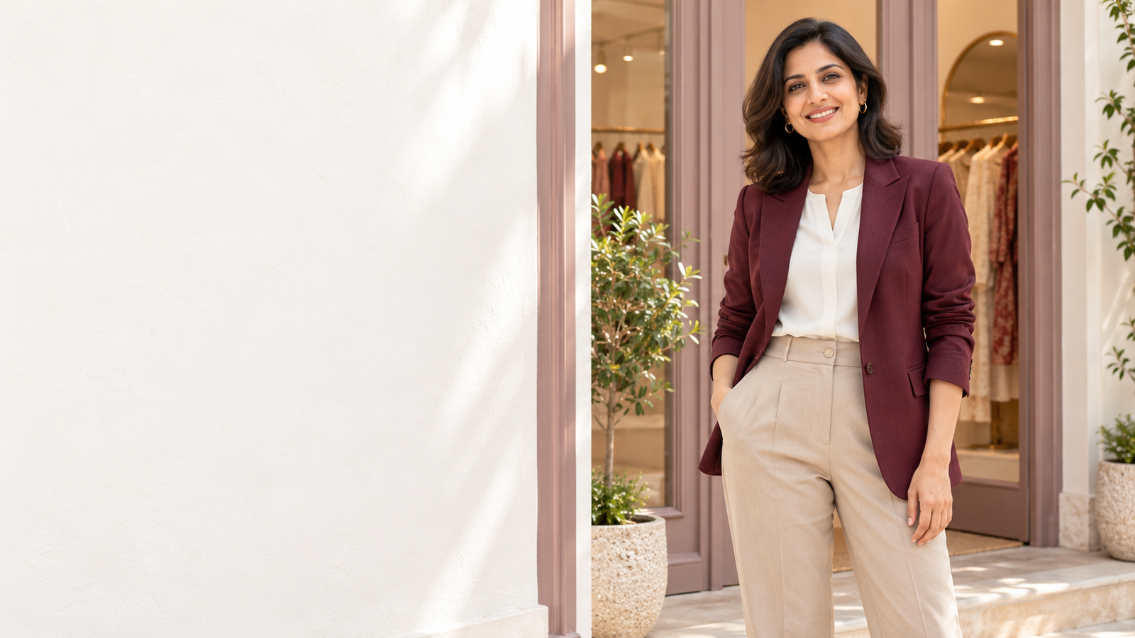 Merlot blazer at a boutique entrance